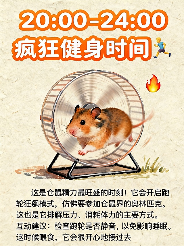 将标题修正为“20:00 - 24:00 疯狂健身时间🏃”，下方文字替换为“这是仓鼠精力最旺盛的时刻！
它会开启跑轮狂飙模式
仿佛要参加仓鼠界的奥林匹克
这也是它排解压力、消耗体力的主要方式

互动建议：
检查跑轮是否静音，以免影响睡眠
这时候喂食，它会很开心地接过去”，保留仓鼠跑轮动态画面、火焰emoji和浅米色手绘纸张背景