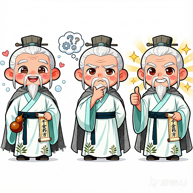 生成这个孙思邈手绘人物的一些物料，以及一些主kv延展，至少十个