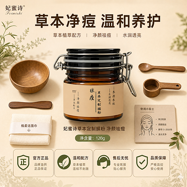 [主图-5] 产品全家福与信任背书，展示产品规格和品牌服务承诺，促进转化。
[统一基调] 整体风格为东方草本植萃风，背景主色为浅米杏色+暖棕渐变，标题字色为深墨棕色，辅助字色为暖褐色，强调色为草木绿，字体为干净的非衬线黑体，字号层级分明，卡片采用细描边圆角样式，整体氛围温润自然。
[画面] 产品罐居中放大展示，占画面约50%，保持原产品外观完全一致。产品周围以Knolling平铺方式摆放配套使用小工具：木质调膜碗、调膜棒、量勺、洁面巾等，整齐排列。底部区域展示四个服务承诺图标，分别对应不同保障。背景为浅米色渐变，底部有淡淡的草本植物剪影装饰。左上角放置妃蜜诗品牌Logo。
[光影质感] 高级商业静物摄影质感，柔光均匀布光，每件物品都有清晰的质感和自然的阴影，玻璃罐通透，木质工具纹理清晰，整体画面干净有品质感。
[配色] 浅米杏色背景，深墨棕标题，暖褐色辅助文字，草木绿点缀，整体色调统一高级。
[文字版式] 顶部主标题「草本净痘 温和养护」大字号粗体深墨棕色。产品下方标注「妃蜜诗草本定制膜粉 净颜祛痘」中号字暖褐色。底部四个服务承诺图标+文字横排：「官方正品」「温和配方」「售后无忧」「品质保障」，每个图标配小号文字说明。文字均横排，清晰可读。
[输出要求] 1:1正方形比例，产品清晰，排版整齐，文字清晰。负向：产品变形、文字错误、画面杂乱、水印、平台Logo、模糊、悬浮。