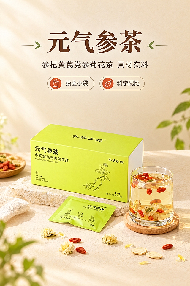 [商品] 使用【图1】元气参茶外盒+独立小袋+玻璃杯冲泡成品；保留黄绿色外盒包装、"元气参茶""参杞黄芪党参菊花茶""本草方源"文字、人参线稿图案、小袋绿色包装文字、杯中枸杞菊花参片等真实原料；产品结构、颜色、材质、文字完全保真，不改变包装设计。
[画面] 目标：食欲氛围头图，建立元气养生茶第一印象。构图：上文下图，上方留白放标题，下方产品主体占画面65%。主体：黄绿色外盒居中偏左，前方斜放一袋独立小包装，右侧放置一杯泡好的参茶，茶汤清透可见枸杞菊花参片。前景：散落几颗枸杞和菊花瓣增加食欲感。背景：浅米黄渐变+柔和光影，左侧有轻微自然光感，营造温暖治愈的养生氛围。阅读动线：从上至下，先看标题再看产品。
[视觉] 套系策略：风格=清新自然养生商业摄影风；标题字=中式衬线粗体，温润有质感；正文字=简洁无衬线体；主色=浅米黄+草木绿；背景延展=基于浅米黄做深浅渐变、同色系柔和过渡，带细腻纸张质感；强调色=暖橙红，仅用于小面积图标、引线和标签点缀；标题色=深棕褐色；正文色=中暖灰；组件=圆角浅底信息卡、细线引线、叶片形装饰元素；光影=左前侧暖柔光，柔和自然阴影。
[文字] 上方居中主标题"元气参茶"，副标题"参杞黄芪党参菊花茶 真材实料"，下方配2个短卖点图标"独立小袋""科学配比"；文字全部横向排版，不遮挡产品主体和包装关键文字；字号适中，手机端清晰可读。
[规格] 图片比例9:16竖版，分辨率2K，避免变形、错字、文字过小、冷蓝背景、包装文字错乱、产品颜色改变、虚假功效宣传。
