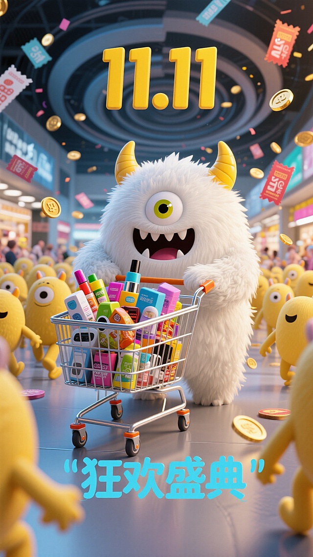 软3D风卡通怪兽推满购物车，毛发生长质感十足，拟人化表情萌趣，虚拟现实商场背景，喜庆双十一促销氛围浓烈，11.11狂欢盛典主题鲜明。