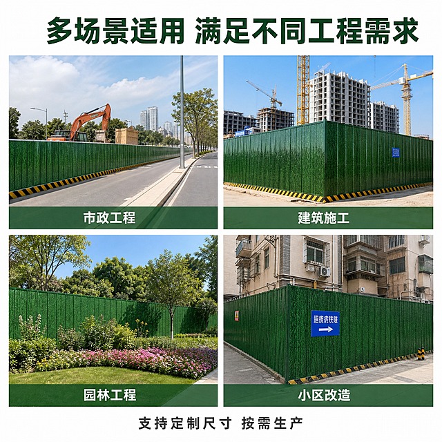 [主图-5] 多场景应用宫格图，展示草皮纹围挡在不同工程场景中的应用效果，体现适用范围广。
[统一基调] 专业工程场景展示，白色背景，四宫格布局，每格有场景标题，整体干净整齐。
[画面] 画面采用2x2四宫格布局，每个格子展示一个不同的应用场景，场景中都有绿色草皮纹围挡：左上格是"市政道路施工"场景，围挡沿城市道路边设置，后方有道路施工机械；右上格是"建筑工地施工"场景，围挡围绕整个工地，后方有在建高楼；左下格是"园林景观工程"场景，围挡在公园绿化施工区域，周围有树木花草；右下格是"小区改造工程"场景，围挡在住宅小区内，进行老旧小区改造施工。每个场景中的围挡都清晰可见，草皮纹外观与环境协调。画面顶部有统一标题区域。
[光影质感] 真实户外摄影质感，每个场景都是白天自然光，光线明亮，围挡在各场景中自然融合，光影与场景一致。
[配色] 整体白色背景，四宫格图片各有场景色彩，标题文字深绿色，场景标签白色字配绿色底条。
[文字版式] 顶部居中大标题"多场景适用 满足不同工程需求"，深绿色粗黑体。每个宫格底部有半透明绿色底条，上面白色文字标注场景名称："市政工程"、"建筑施工"、"园林工程"、"小区改造"。底部有一行小字"支持定制尺寸 按需生产"，深灰色。
[输出要求] 1:1正方形比例，四宫格布局整齐，各场景围挡真实清晰，文字清晰，无变形，无错字，无水印，无平台Logo。