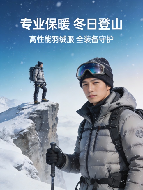 画面主体是“冬季衣服”创意海报。画面元素极具冬日氛围，背景为蓝白渐变的雪景质感，中央是登上登封的悬崖，穿着羽绒服，全身登山装备的人在悬崖伫立，；右侧有放大的这个人的正面图，有帽子，雪镜，穿着羽绒服，手预览效果