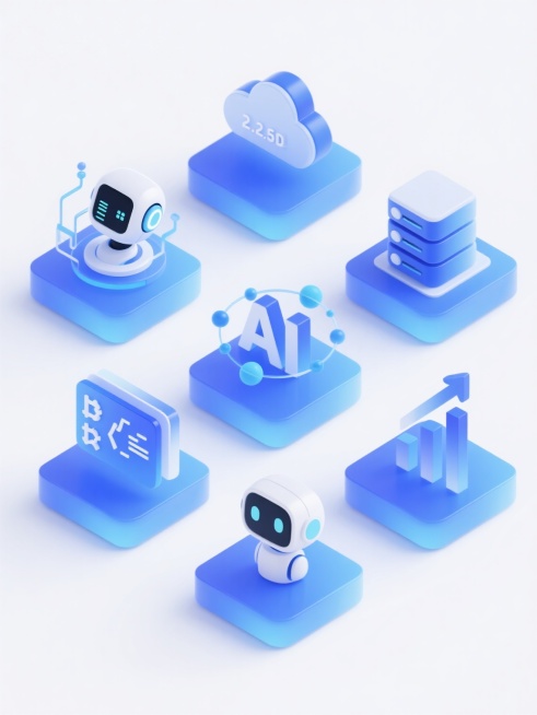 科技感2.5D等距图标集合，六个蓝色渐变立体方块基座规整排列，每个基座上分别承载完全不同的科技元素：左侧第一行是带数据流的智能机器人头部与显示屏，右侧第一行是云端数据存储与服务器，左侧第二行是环绕粒子预览效果