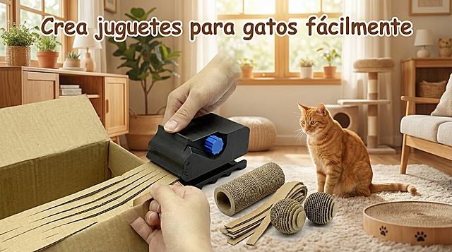 以图中的黑色带蓝色旋钮的猫抓板专用纸板条切割器为主体，展示用它制作猫玩具的场景，画面上方有西班牙语文字 "Crea juguetes para gatos fácilmente"，背景是温馨的宠物房间，有猫咪在旁边好奇观望，整体风格明亮温馨，比例16:9