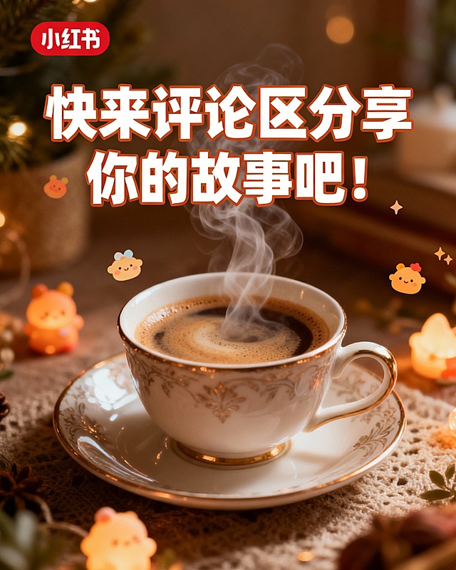 小红书风格，暖调光影下一杯冒着热气的咖啡，上方醒目文字“快来评论区分享你的故事吧！”，配文“哪一杯咖啡，在哪个时刻，给了你拥抱世界的力量？期待听到你被温暖的故事。关注我，一起在#山海屿啡 寻找生活中的诗意与微光。”，氛围治愈有互动感