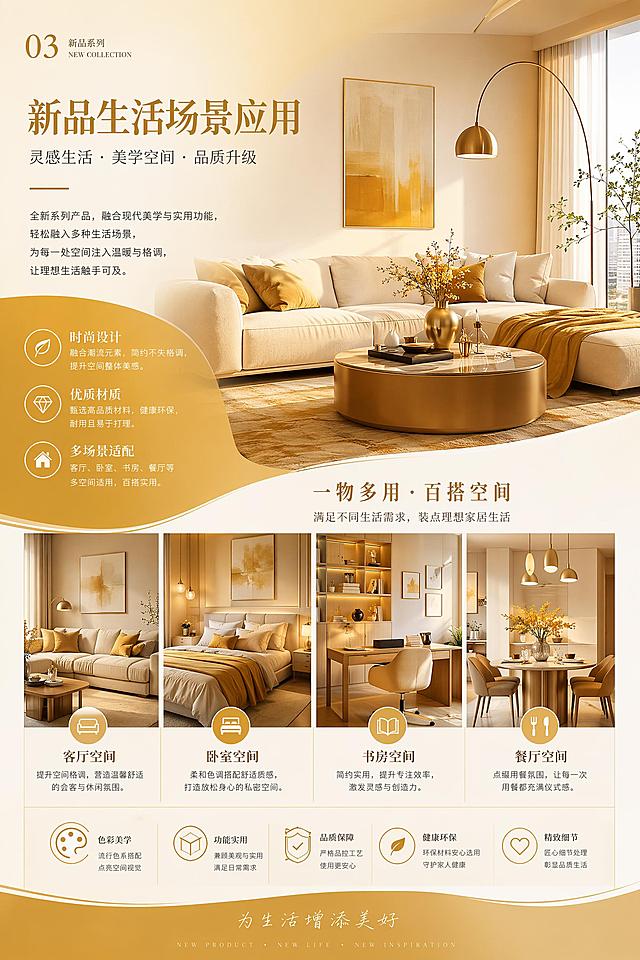 「图片1」参考图片中的文字内容，生成一套宣传画册。画册版面时尚、大气；画册的背景、插图均采用现代风格的家居、软装或空间设计元素。
画册规格：W20cm×H30cm；
版面色调：金黄色；
画册页数：12P