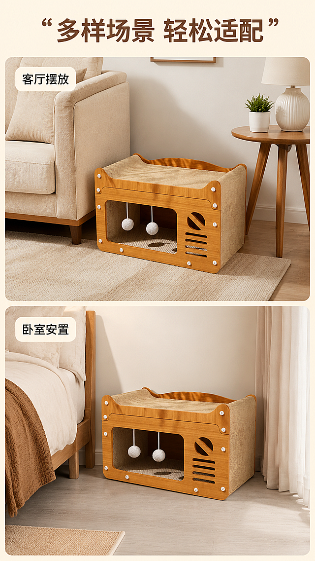 [第2屏] 拼多多电商详情页多场景使用展示，本屏使用【图1】作为商品主体，保持产品原有结构、材质和颜色不变。
[氛围/风格] 生活化场景拼贴，自然温馨，真实有代入感，拼多多接地气风格，画面明亮干净。
[元素布局] 整屏分为上下两个场景格子，每个格子占比约一半。上格展示猫窝放在客厅沙发旁地面的场景，猫窝主体位置突出，周围搭配地毯和小边几；下格展示猫窝放在卧室墙角的场景，背景是浅灰色地板和米色窗帘。两个场景中猫窝外观与原图一致，大小比例符合空间关系，不遮挡主体信息。
[光影质感] 每个场景都采用自然柔和的室内光线，猫窝明暗清晰，纹理真实，没有过曝或死黑。
[配色色系] 全局底色：#F5F0E6（米暖棕）；主体配色与原图保持一致；场景背景搭配浅灰和米白，整体色系协调统一。
[视角构图] 每个场景采用平视日常生活视角，每个格子独立构图，主体猫窝清晰，阅读从上到下自然流畅。
[文字版式] 屏幕顶部通栏标题「"多样场景 轻松适配"」加粗棕色大字居中；每个场景格子左上角放置白色圆角标签，分别标注「客厅摆放」和「卧室安置」，黑色小字清晰可读，不遮挡猫窝。
[比例分辨率] 9:16 竖版比例，4K分辨率，文字清晰可辨，超高清。
[负向提示词] 产品变形，结构错误，颜色偏差，缺件错件，水印，文字错乱，产品模糊，背景杂乱，文字不清晰。