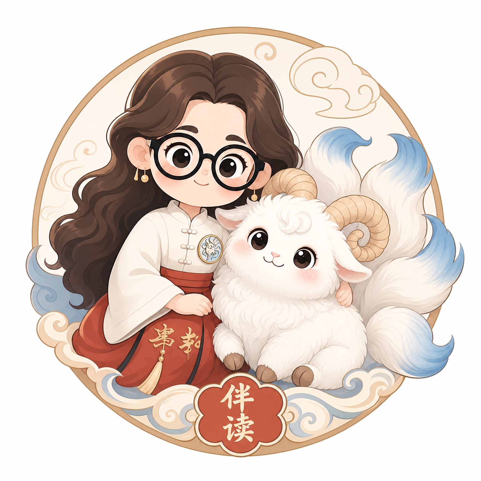 文创品牌logo设计，将戴黑框眼镜穿中式汉服的卡通女孩（伴读老… - 图片创意预览