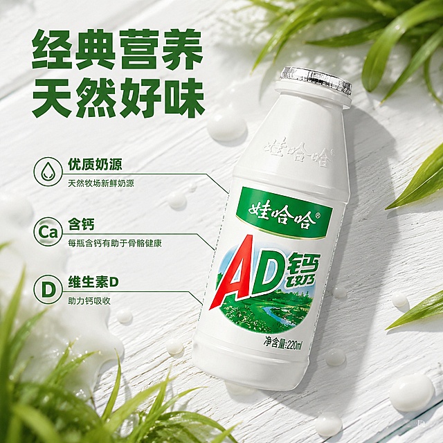 [主图-2] 娃哈哈220mlAD钙奶，核心亮点展示，主打天然营养。保持娃哈哈AD钙奶瓶身外观、颜色、品牌Logo与输入产品图一致，无变形色差。画面主体为单瓶AD钙奶斜放在干净的白色木质台面上，周围散落新鲜牛奶滴和翠绿的牧草装饰，突出自然奶源。主标题文字"经典营养 天然好味"放在顶部，用大号深绿色粗体字，下方用引线标注三个核心成分："优质奶源"