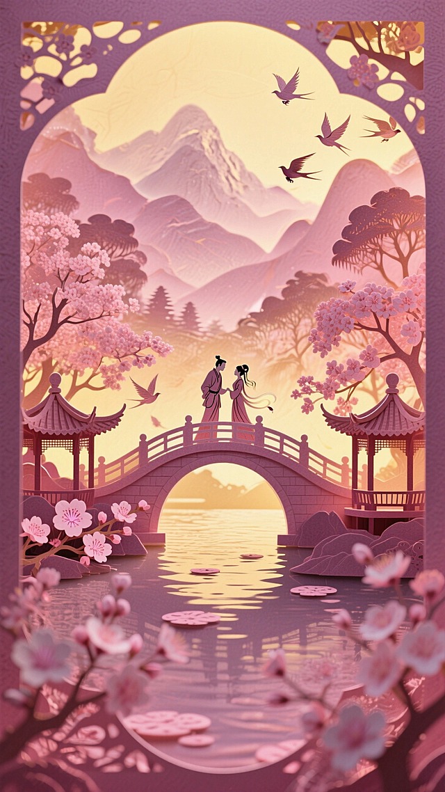 暗粉色为主色调，背景强透光，镂空效果。牛郎织女鹊桥相会，周围有拱桥、河流、两侧中式凉亭，盛开的桃花，背景层叠山峦、树木，飞鸟。