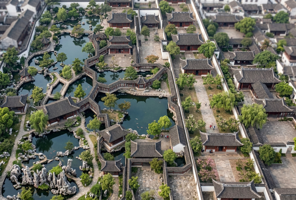 将这张南京瞻园俯瞰图修改为真实摄影风格，模拟真实航拍效果：建筑为真实的明清江南木结构古建筑，灰瓦红柱，细节纹理真实；水体为清澈的真实池水，有水面反光；植物为真实的中式园林绿植，树叶、树干纹理自然；地面预览效果