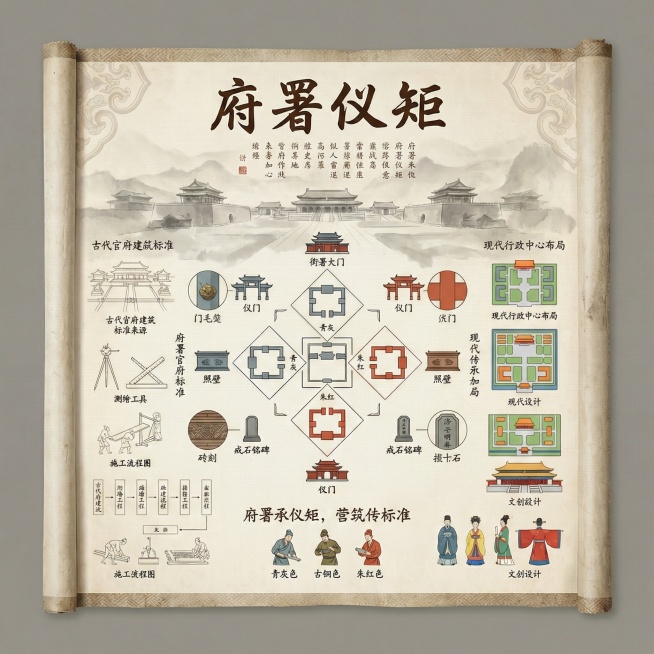 中式卷轴信息系统分区细节与结构图，顶部呈现书法体“府署仪矩”标题，背景影壁如意纹样清晰，下方背景说明文字工整；中央展示衙署大门、仪门、照壁、戒石铭碑的结构图与细节图，含大门开间规格、仪门空间流线、照壁预览效果