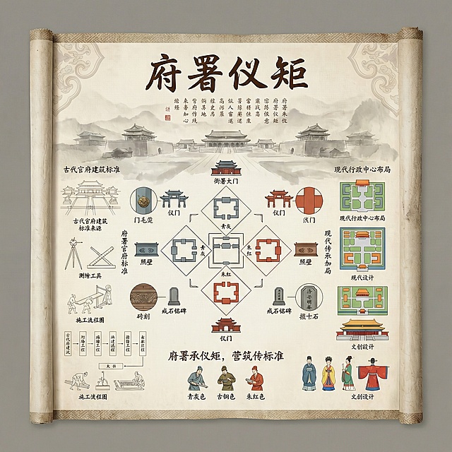 中式卷轴信息系统分区细节与结构图，顶部呈现书法体“府署仪矩”标题，背景影壁如意纹样清晰，下方背景说明文字工整；中央展示衙署大门、仪门、照壁、戒石铭碑的结构图与细节图，含大门开间规格、仪门空间流线、照壁剖面、戒石铭布局，细节图放大门簪、砖雕、碑文字体；左侧是古代测绘工具线稿与施工流程图，右侧是现代行政中心布局与文创设计图，色彩为青灰色+古铜色+朱红色，文字为深棕色书法字体，整体贴合中式卷轴排版