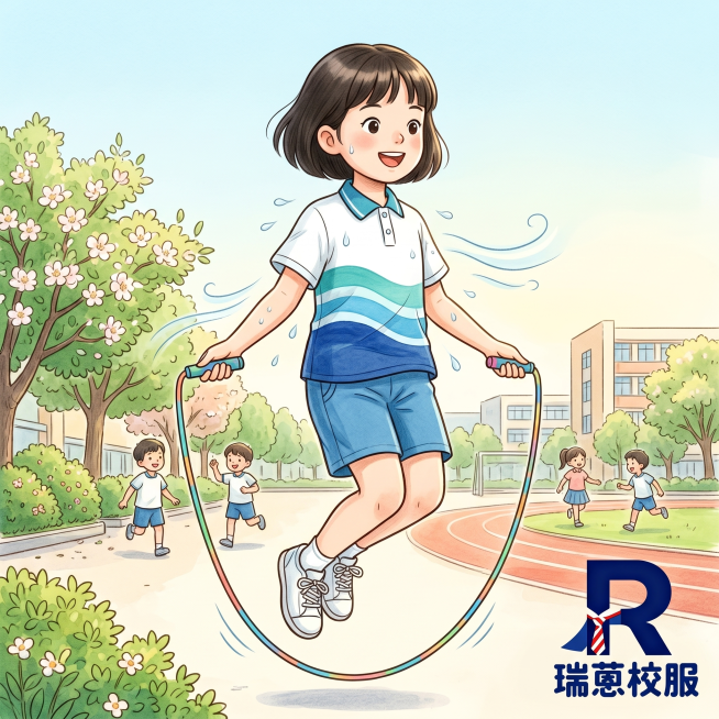 卡通插画风格，小学语文课本插画风格，另一名不同发型的小学生穿着瑞蒽三水校服在户外跳绳，校服是白色polo衫，衣身带有青绿色浅蓝色深蓝色渐变波浪条纹，蓝色下装，右下角加上瑞蒽校服logo，突出校服清爽透预览效果