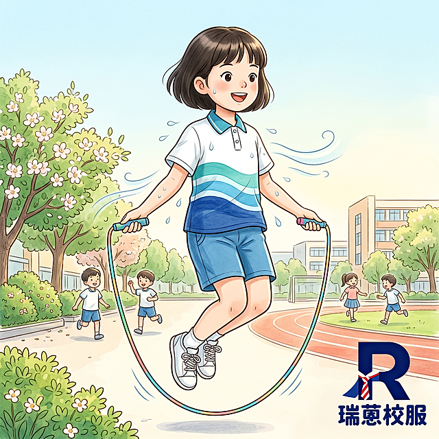 卡通插画风格，小学语文课本插画风格，另一名不同发型的小学生穿着瑞蒽三水校服在户外跳绳，校服是白色polo衫，衣身带有青绿色浅蓝色深蓝色渐变波浪条纹，蓝色下装，右下角加上瑞蒽校服logo，突出校服清爽透气不闷汗的特点，画面清新活泼