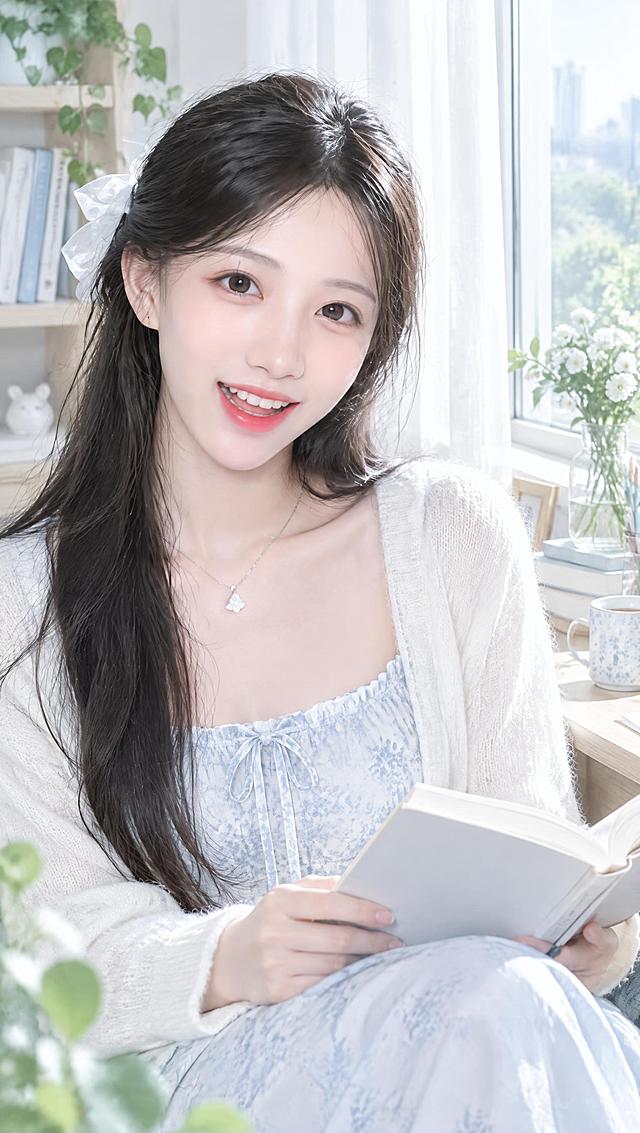 基于参考图中女子的脸型与五官特征进行现代写实重绘，保持她本人的辨识度：年轻柔和的鹅蛋脸、清秀细长的眉眼、小巧鼻梁、饱满红润的嘴唇，乌黑长发，笑容清甜。将她绘制成一位现代小清新风格的女孩：神态表情与姿势动作由你自由发挥，例如坐在窗边看书、捧着杯子或站在明亮的室内微笑，姿态自然放松，气质干净温柔、有“白月光”的清透感。身穿简约清新的浅色服饰（白色或浅蓝、浅灰的柔软质感衣物，搭配简单发饰），画面协调自然。场景内容丰富：明亮的现代室内，大窗采光、浅色墙面、木质家具、绿植与书桌摆件、薄纱窗帘等细节。色彩与光影：冷白清透色调，明亮自然日光与柔和漫射光，画面干净通透，绝对不要有任何泛黄的暖色调滤镜，不要复古感，写实照片质感。画面中不要出现任何文字、水印或标识。