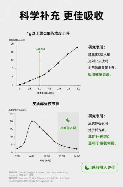 [第5屏] 科学数据展示屏，高浓度维生素C冲饮颗粒科学依据展示。
[氛围/风格] 学术专业感，简约冷静风格，浅灰色背景增加理性感。
[元素布局] 顶部放置大标题「科学补充 更佳吸收」，页面中部上下排列预览效果