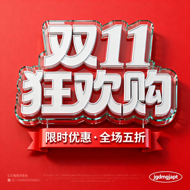 字体标志“双 11 狂欢购”，创意字体设计，C4D风格电商字体设计“双 11 狂欢购”，字体有三层立体边框，外边框有玻璃层，底色是白色，线条流畅且富有艺术感，将字体进行抽象变形，创造出独特的节奏和动感预览效果