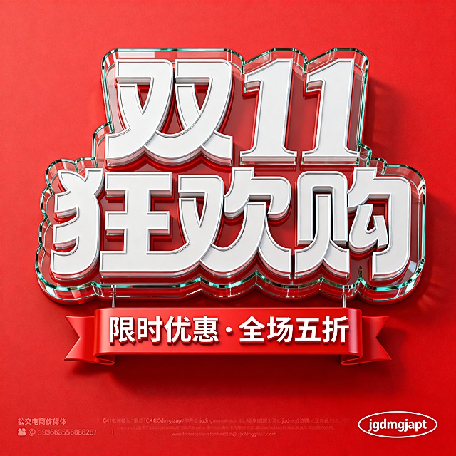 直播间，3D玻璃质感大字设计，强体积感与促销氛围结合，红底白字突出双11狂欢购主题，节日感十足。