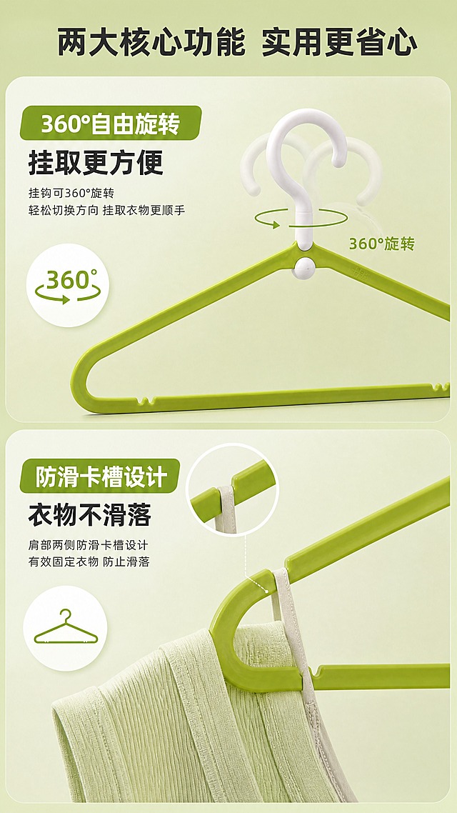 [商品] 使用【图1】果绿色360°旋转护肩衣架；保留三角衣架结构、果绿色主体、白色旋转挂钩、底部防滑卡槽；真实功能方向为悬挂衣物。
[画面] 目标：功能演示页，展示360°旋转和防滑两大核心功能。构图：上下分栏，上半部分旋转功能演示，下半部分防滑功能演示。主体位置：上下各一组产品演示。景别：中景+特写组合。阅读动线：从上到下。前中后景：前景衣架动态演示，中景浅绿渐变背景，后景无。场景：上方展示挂钩旋转的动态箭头示意，下方展示衣物挂在卡槽上不滑落的特写。
[视觉] 套系策略：风格=1688工厂批发风，简洁实用商业摄影；标题字=粗黑体；正文字=常规黑体；主色=果绿色；背景延展=基于果绿色做深浅层级、同色渐变和细腻哑光质感；强调色=白色，用于小面积图标、引线和标签；标题色=深炭灰；正文色=中灰；组件=圆角信息卡、细线引线、绿色色块标题条；光影=正上方柔和均匀布光。
[文字] 顶部主标题：两大核心功能 实用更省心；上半区标题：360°自由旋转 挂取更方便；配旋转箭头图示和简短说明；下半区标题：防滑卡槽设计 衣物不滑落；配防滑示意和简短说明；文字全部横向排版，分区清晰。
[规格] 图片比例9:16竖版，4K分辨率，负向提示：避免变形、错字、文字过小、衣架颜色改变、结构失真、极限词、平台Logo、竖排文字。