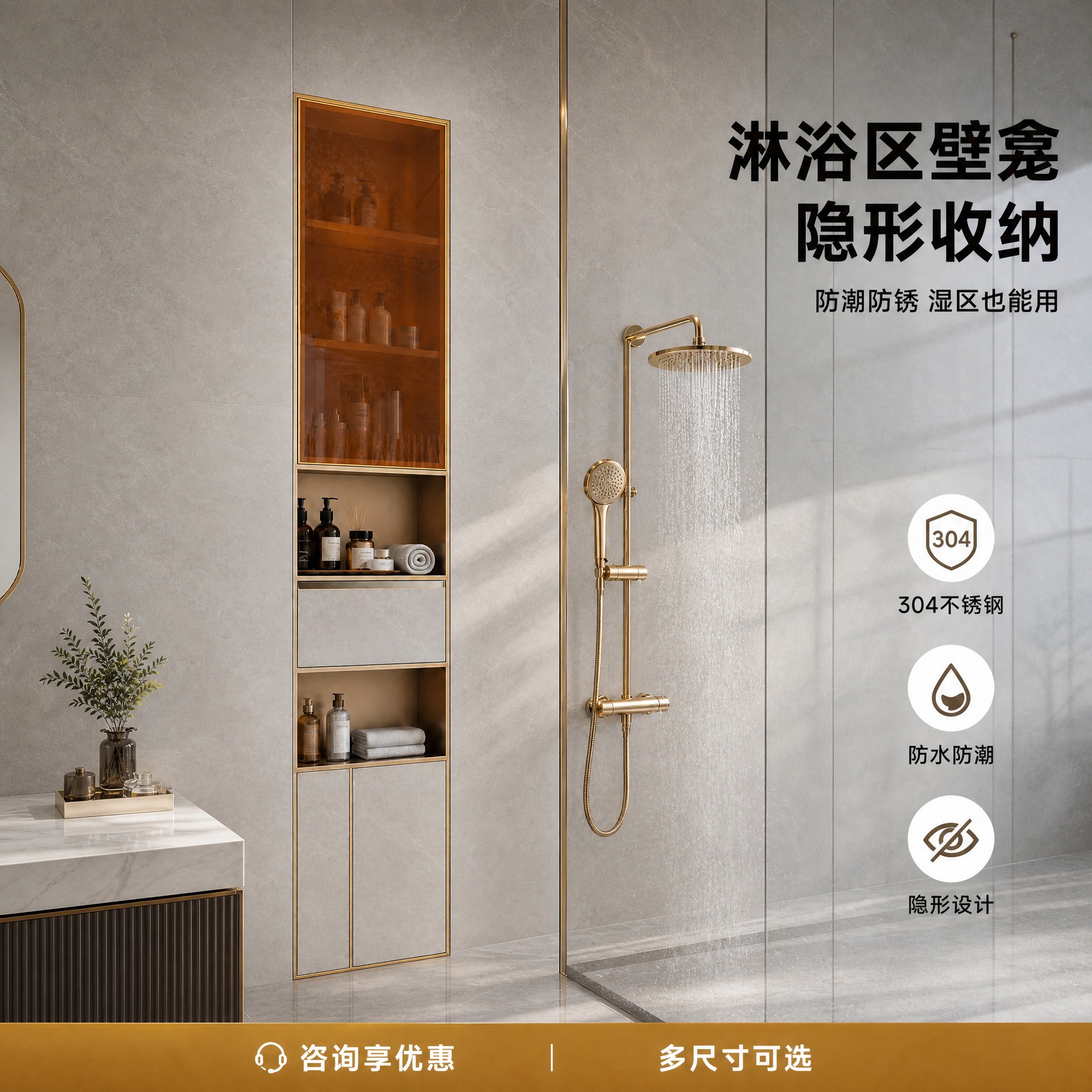 将这张淋浴区款隐形壁龛主图转换为1:1正方形比例，保持所有画面… - 图片创意预览