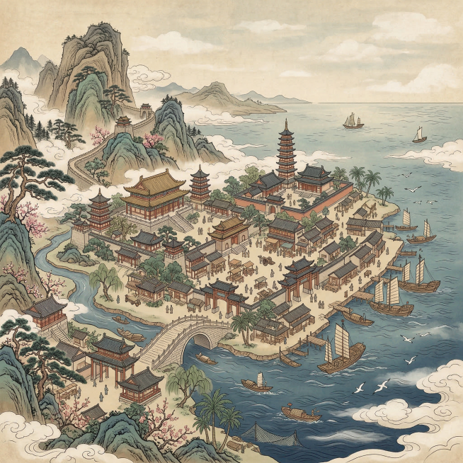 新中式工笔风格的滨海城池插画，整体为复古古画质感，线条精致，氛围宁静悠远。构图采用中国传统山水散点透视，构建背山面海三层递进空间：左侧山峦为背景屏障，中部水系与中式建筑构成核心城区，右侧延伸至广阔海洋预览效果