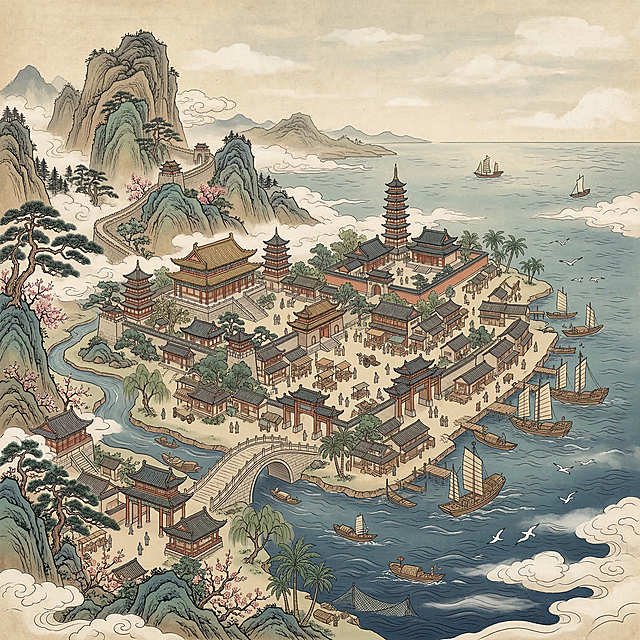 工笔风插画，融合古典中式建筑与山水意境，微缩艺术展现市井烟火与海港繁华，水墨晕染间透出宁静故事感。