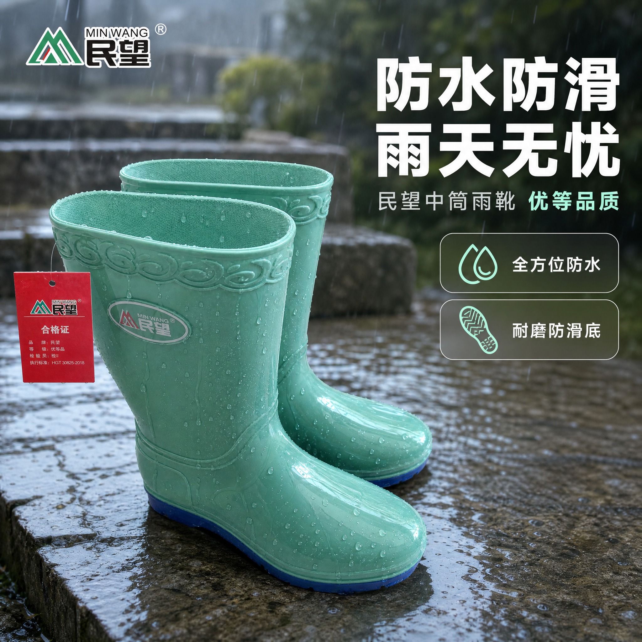 [主图-1] 民望绿色中筒雨靴核心卖点首图，主打防水防滑功能。… - 图片创意预览