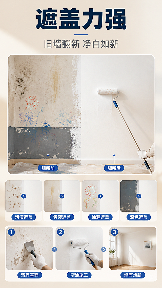 [商品] 本页为旧墙翻新功能测试页，不出现涂料桶；工具可用滚筒、刷子、遮蔽膜。
[画面] 第5张精致卖点页③遮盖力强，页面目标=直观证明遮盖污渍/黄渍/涂鸦/旧深色涂层；构图=上部主标题+副标题；中部左右对比大卡：左侧旧墙含污渍、黄渍、涂鸦与旧深色涂层，右侧同墙面涂刷后净白明亮，接缝处呈现半涂过渡；下方4枚小对比格（污渍遮盖/黄渍遮盖/涂鸦遮盖/深色遮盖）；底部3步施工小标签（清理基面→滚涂施工→墙面焕新）；层级分明。
[视觉] 套系策略：风格=国内电商家居涂料详情页，专业商业摄影+柔和家装氛围；标题字=现代粗黑体；正文字=简洁无衬线体；主色=奶油米白；背景延展=米白至浅暖灰/淡金色同系渐变；强调色=品牌蓝，仅用于小面积图标、引线、标签与徽章；标题色=深藏青蓝；正文色=中暖灰；组件=圆角浅色信息卡、细线引线、图标徽章；光影=柔和漫射自然光。对比卡用米白底+蓝色引线标注，涂刷后墙面保持净白明亮，工具与墙面光影柔和真实。
[文字] 主标题“遮盖力强”横排；副标题“旧墙翻新 净白如新”；小格标签“污渍遮盖”“黄渍遮盖”“涂鸦遮盖”“深色遮盖”；步骤“清理基面”“滚涂施工”“墙面焕新”；全部横向排版。
[规格] 9:16竖版详情页，分辨率4K，中文简体；避免竖排文字、出现涂料桶、夸张失真对比、出现电商平台Logo/水印/二维码。