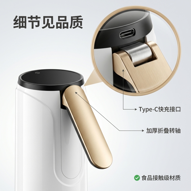 [主图 3] 荣事达电动抽水器细节品质展示图。[氛围风格] 写实微距质感，突出做工细节。[画质] 商业摄影质感、光线柔和通透、产品清晰真实、画面干净高级。[元素] 放大镜区域放大展示抽水器的Type-预览效果