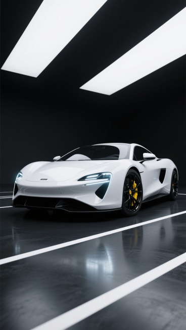 一辆设计感十足的白色豪华电动跑车，采用流线型车身设计，前脸造型犀利，LED大灯炯炯有神，车身侧面线条流畅动感，黑色轮毂搭配黄色刹车卡钳，停放在一个深色反光地面的空旷空间中，地面有白色线条装饰，背景为纯黑色，营造出高端、科技、神秘的氛围，无任何文字信息，光线从前方和侧面照射，在车身上形成明显的光影对比，凸显出汽车的硬朗轮廓和精致细节。预览效果