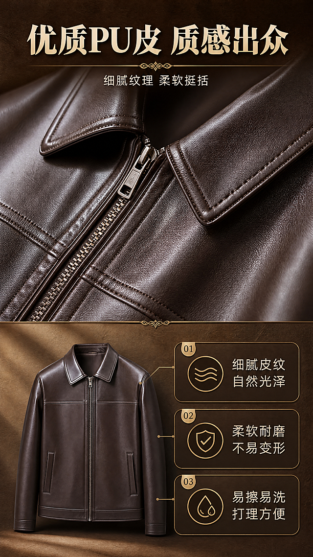 [商品] 使用【图1】棕色男士翻领PU皮夹克；商品处理：保留翻领、中央拉链、胸前明线、两侧插袋、长袖、棕色PU皮材质和整体版型；自然去除衣身杂乱褶皱与压痕，理顺垂坠，增强皮纹质感、缝线清晰度、拉链五金光泽，不改变版型、颜色和结构。重点放大胸前及衣身皮质区域做微距质感展示。
[画面] 目标：面料材质细节页，突出PU皮质感与触感。构图：上半部分为皮衣皮质局部微距特写（胸前区域），占画面约50%，展示细腻皮纹与光泽；下半部分左侧为皮衣整体缩略小图，右侧为3个材质卖点信息卡。阅读动线从上到下，先看面料质感再看说明。前中后景：前景皮质特写、中景信息卡、后景暖棕渐变背景+柔和光影。
[视觉] 套系策略：风格=高级复古男装商业摄影风；标题字=现代衬线粗体+轻复古质感；正文字=简洁无衬线体；主色=深棕巧克力色；背景延展=基于深棕做深浅渐变、同色系层次和细腻皮革/纸张质感；强调色=暖金色，仅用于小面积图标、引线、标签和装饰线；标题色=深棕色；正文色=中暖灰；组件=圆角深棕信息卡、细金线引线、复古标签；光影=侧前暖柔光，突出皮质纹理与光泽层次。
[文字] 顶部主标题「优质PU皮 质感出众」（8字），副标题「细腻纹理 柔软挺括」。三个卖点：1. 细腻皮纹 自然光泽；2. 柔软耐磨 不易变形；3. 易擦易洗 打理方便。文字横排，中文简体。
[规格] 图片比例9:16竖版，4K分辨率，负向提示：避免变形、错字、文字过小、冷蓝/蓝灰背景、皮衣颜色改变、皮质纹理失真、白底、极限词、平台Logo。