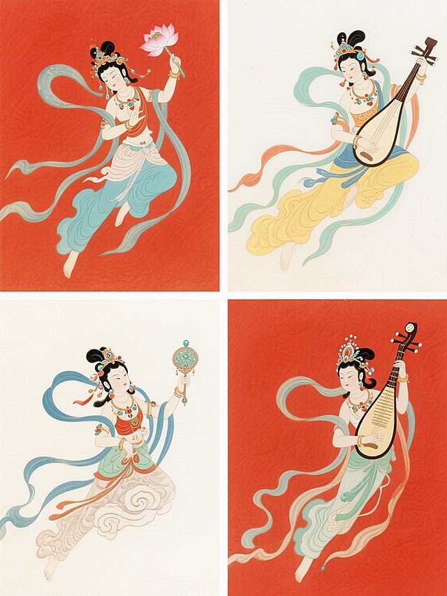 中国传统工笔重彩风格系列插画，四位不同姿态的飞天仙女，保持飘逸的衣袂、精致的云纹服饰、华丽的珠宝头饰和古典发髻，每位仙女手持不同法器（莲花、琵琶、箜篌、宝珠），背景分别为纯色朱砂红、石青、明黄、月白色，规整排列成2x2矩阵，线条细腻流畅，色彩浓郁典雅，保留传统晕染技法和装饰性纹样，整体构图平衡对称，具有浓厚的敦煌壁画韵味和东方美学特质。