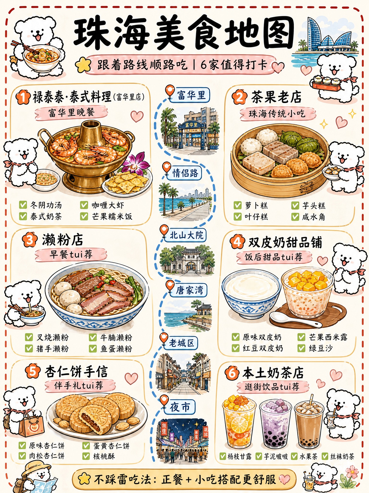 参考贵阳美食地图页的版式和手绘卡通小狗风格，1:1复刻做珠海美… - 图片创意预览