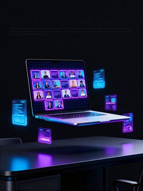 一台流畅的未来感笔记本电脑悬浮在深色现代办公桌上方，屏幕显示着网格排列的发光高质量视频课程缩略图，AI图像生成概念，霓虹蓝紫色发光全息数据流和UI元素漂浮在周围，深色极简背景，电影级灯光，高细节，3D预览效果