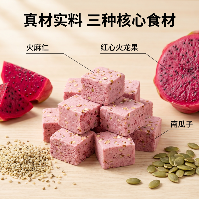 [主图 2] 火麻仁火龙果糕核心成分展示，突出天然原料优势。[氛围风格] 健康养生风，整体风格与首图完全统一，直白高性价比。[画质] 商业摄影质感，光线柔和通透，产品清晰真实，画面干净高级。[元素]预览效果