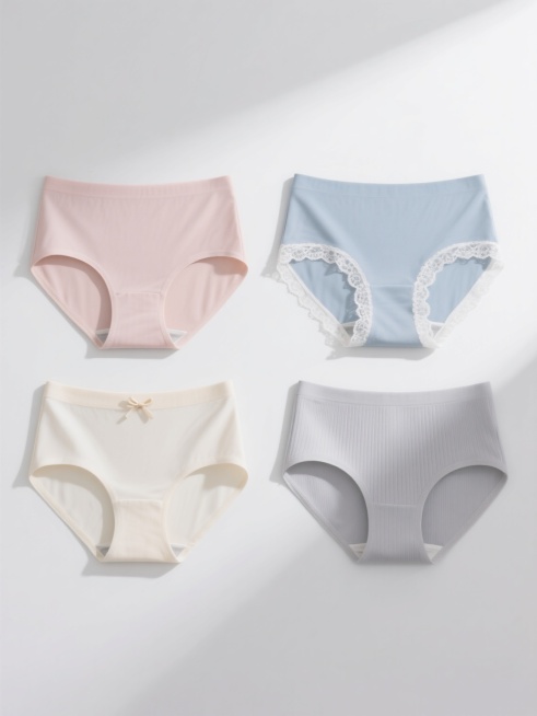 一张展示女性内裤的系列产品海报，整体采用简约写实的摄影风格，纯白纯色背景，光线柔和均匀，从上方偏前位置打光，呈现出内裤面料细腻的质感和轻微的明暗过渡，阴影浅淡自然。画面中四个完全不同设计元素的内裤规整排布成2x2矩阵，每个内裤均为简约无痕款式，保持相同的立体剪裁和正面展示角度。第一个内裤为浅粉色基础款，无任何装饰；第二个内裤为淡蓝色，侧边有精致的白色蕾丝花边；第三个内裤为米白色，腰部有细小的蝴……预览效果