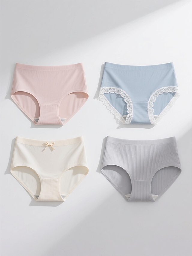 一张展示女性内裤的系列产品海报，整体采用简约写实的摄影风格，纯白纯色背景，光线柔和均匀，从上方偏前位置打光，呈现出内裤面料细腻的质感和轻微的明暗过渡，阴影浅淡自然。画面中四个完全不同设计元素的内裤规整排布成2x2矩阵，每个内裤均为简约无痕款式，保持相同的立体剪裁和正面展示角度。第一个内裤为浅粉色基础款，无任何装饰；第二个内裤为淡蓝色，侧边有精致的白色蕾丝花边；第三个内裤为米白色，腰部有细小的蝴蝶结装饰；第四个内裤为浅灰色，面料上有细微的竖条纹肌理。所有内裤的材质看起来柔软亲肤，具有良好的垂坠感和弹性，边缘线条流畅自然。整体设计注重产品细节的清晰呈现，视觉层级分明，通过不同颜色和细微设计元素的变化形成系列感，信息传达简洁高效，符合女性内衣产品的展示需求和审美取向。