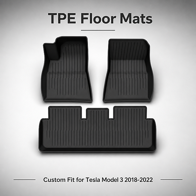 [第1屏] Product Hero Shot - Full set of 3PCS TPE floor mats for Tesla Model 3 2018-2022. This screen uses [image1] as the product main body.
[氛围/风格] Minimalist professional commercial style, low saturation dark gray gradient background, authentic product photography texture, highlighting automotive product quality.
[元素布局] The complete set of three floor mats is placed on the central area of the screen, accounting for about 65% of the total space, maintaining the original product structure, shape and black color. Reserve title area at the top and subtitle area at the bottom, the text does not cover the main product.
[光影质感] Soft top lighting, natural projection at the bottom, clear texture lines on the mat surface, obvious three-dimensional layering, highlight the material thickness and toughness.
[配色色系] Global background color #f0f0f0, main color black product, auxiliary color dark gray text and simple lines.
[视角构图] Front slightly elevated view, product as the clear visual center, natural reading movement from top title to central product to bottom information.
[文字版式] Top main title "TPE Floor Mats", centered. Subtitle "Custom Fit for Tesla Model 3 2018-2022", bottom centered. Text is all English, clear hierarchy, font simple and generous, no Chinese characters, text area does not block the product.
[比例分辨率] 1:1 square ratio, 4K resolution, clear text, high definition quality.
[负向提示词] Product deformation, missing parts, wrong color, watermark, messy text, blurred product picture, Chinese characters, brand logo infringement