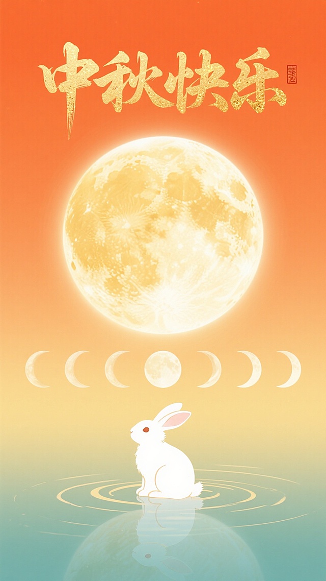 中式感插画风，鎏金文字点缀梦幻月夜，轻拟物玉兔静坐水波，水彩渐变渲染唯美国潮意境，中秋佳节氛围浓厚。
