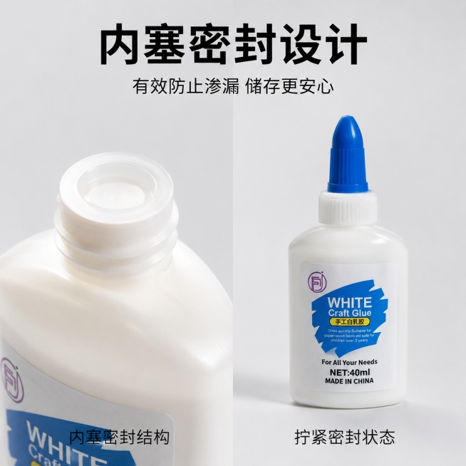 [主图-2] 内塞密封设计卖点展示图。
[氛围风格] 专业清晰 突出细节 干净可信
[画质] 商业摄影质感、光线柔和通透、产品清晰真实、画面干净高级
[元素] 展示白乳胶瓶盖拧开后的内塞密封结构，左侧预览效果