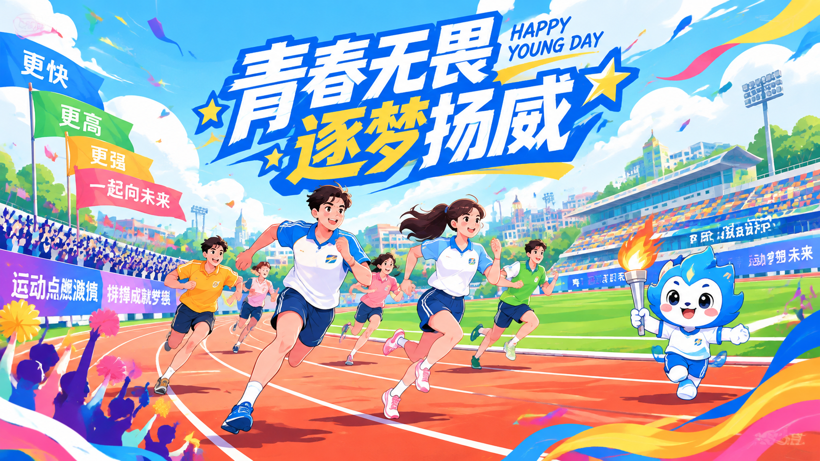 青春现代校园风格的体育盛会主视觉海报，扁平插画风格，活力多彩。… - 图片创意预览