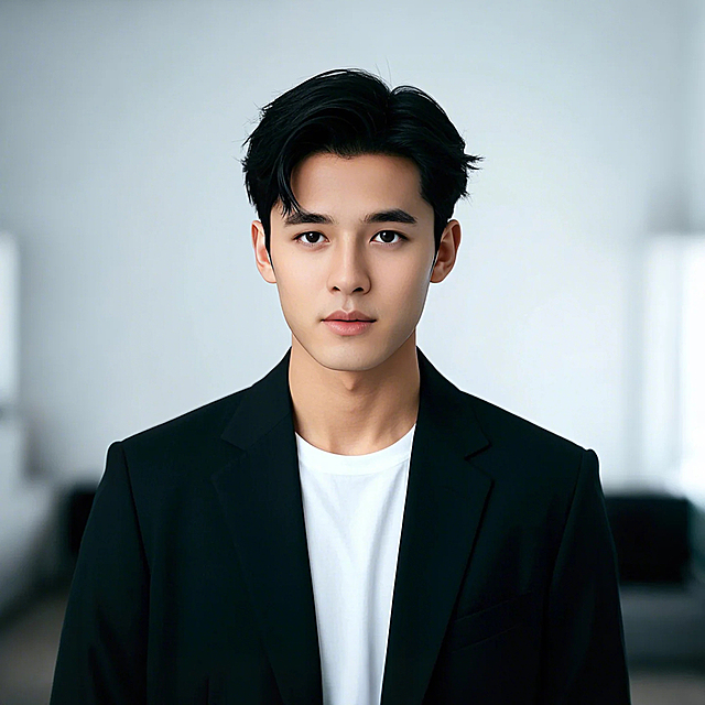 一个男生，工作形象照，白色背景，黑色西服，白色打底