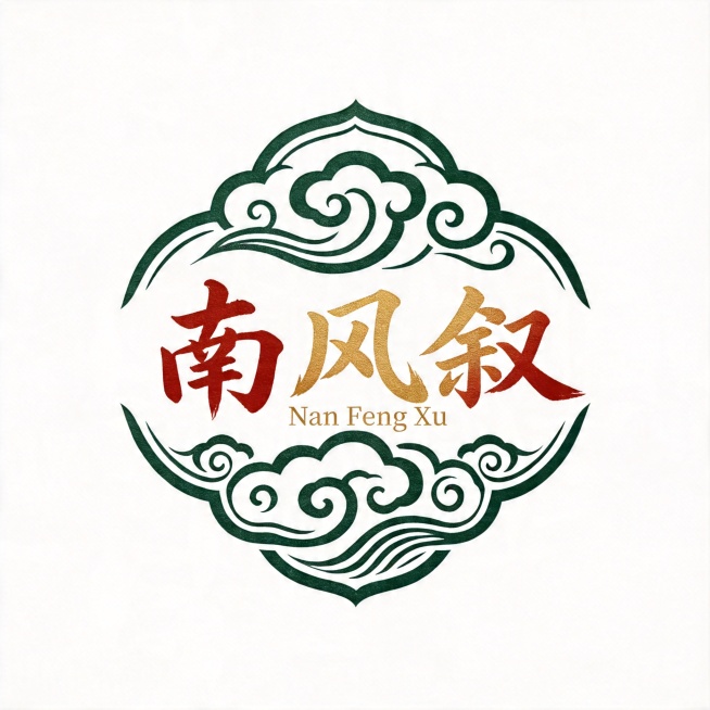 古风水墨字体logo设计，参考原图祥云环绕构图风格，将中文"南风叙"替换为英文"Nan Feng Xu"，保留东方书法笔墨质感，字体主体颜色选用红金或深绿色，搭配纯白色干净背景，无任何边框、特效和额外预览效果