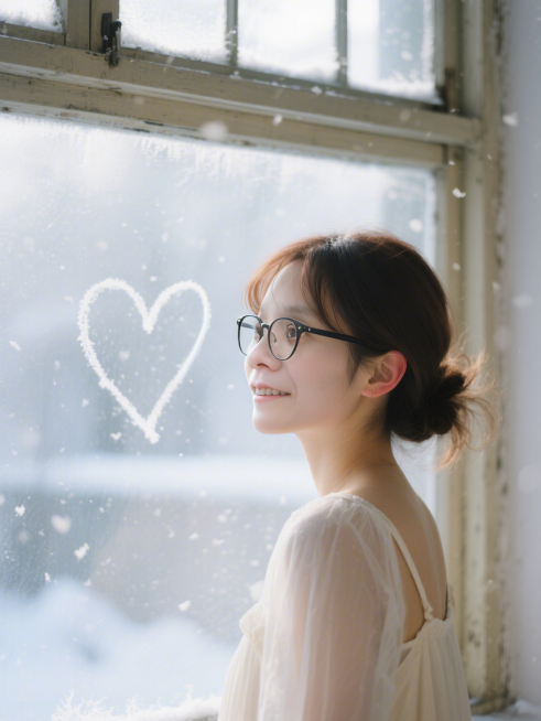 场景创意：初雪清晨的窗边 · 发现他悄悄在窗上画了一颗心的瞬间
镜头定格在一张年轻女子的面部特写上，框定自发际线至锁骨上方。她站在老式公寓的玻璃窗前，穿一件柔米白色细纱罩衫，肩带自然垂落一侧，露出颈侧预览效果