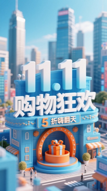 以蓝色为主色调，前景是立体字组成的醒目建筑， “11.11购物狂欢” 立体大字（白与浅蓝渐变，配装饰）及下方 “5 折嗨翻天” 横幅；中间有橙色圆形装置（内有礼物）；背景是繁华都市预览效果