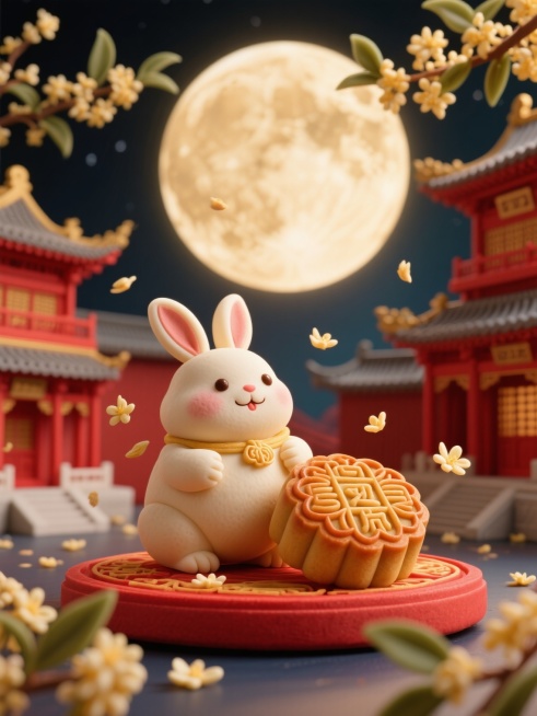 非遗面塑风格，现代科技与传统古建融合，红色和金色主色调，圆圆胖胖的兔子面塑和月饼面塑为主体，周围飘落着桂花花瓣，背景是圆月亮和传统建筑群，精致，富有层次感预览效果