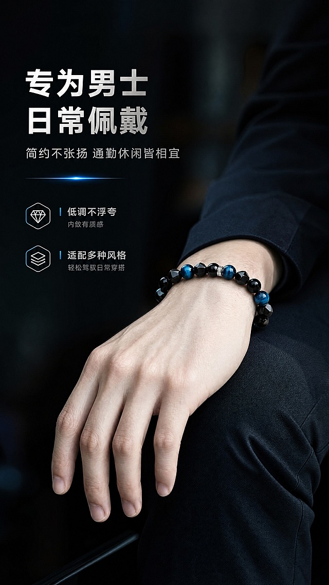 [商品] 使用【图1】男士手串，佩戴在【图3】的男士手腕上；保留手串珠子结构、颜色和排列，蓝虎眼、黑曜石、磨砂切面黑玛瑙珠、银色隔珠清晰可辨；手部参考图3的骨感男士手部形态。
[画面] 男士日常佩戴定位页，目标展示上手效果与日常佩戴场景。男士手腕自然搭在深色西装裤膝盖处，手串佩戴在手腕内侧偏上位置，清晰展示佩戴效果。背景为深暗调室内环境，虚化处理，突出手部与手串。左文右图构图。
[视觉] 套系策略：风格=暗调高级男士珠宝商业摄影；标题字=现代简约粗黑体；正文字=简洁无衬线体；主色=深炭黑+冷蓝灰；背景延展=基于深炭黑、冷蓝灰做深浅层级、暗调渐变和柔和虚化；强调色=冰蓝色，仅用于小面积光效、引线和标签高光；标题色=银白；正文色=浅灰；组件=细线分割、极简信息卡、冷调光影；光影=侧前方自然光感，柔和冷调，手腕皮肤质感自然，珠子有细腻高光。
[文字] 左侧上方主标题"专为男士日常佩戴"，副标题"简约不张扬 通勤休闲皆相宜"，下方配2个短卖点：「低调不浮夸」「适配多种风格」，文字区左侧留白排布，不遮挡手部和手串。
[规格] 图片比例9:16竖版，分辨率4K，质量medium。避免变形、错字、文字过小、女性手部、暖色调、手串结构错乱。