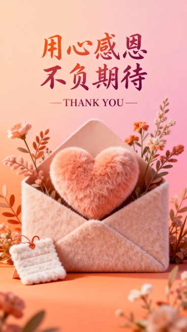 温暖的橙粉渐变背景，中心是毛绒质感的信封，信封内有一颗同样毛绒材质的爱心，周围环绕着毛绒质感的植物花卉，画面中上方有艺术感手写风格的中文标题“用心感恩 不负期待”与英文“THANK YOU”，标题文字色彩与背景和谐统一，左侧点缀着一张毛绒质感的感谢信装饰元素，整体画面呈现出柔和、温暖、细腻的毛绒材质感，光影柔和，色调统一，营造出温馨感恩的氛围，构图简洁且视觉焦点突出。预览效果